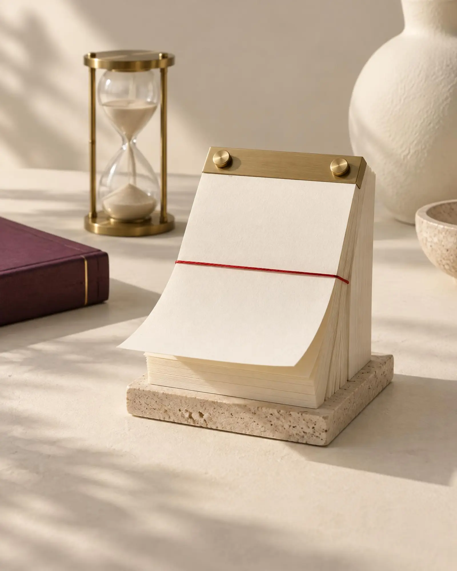 A blank desk calendar wrapped in red thread, with a brass hourglass behind it