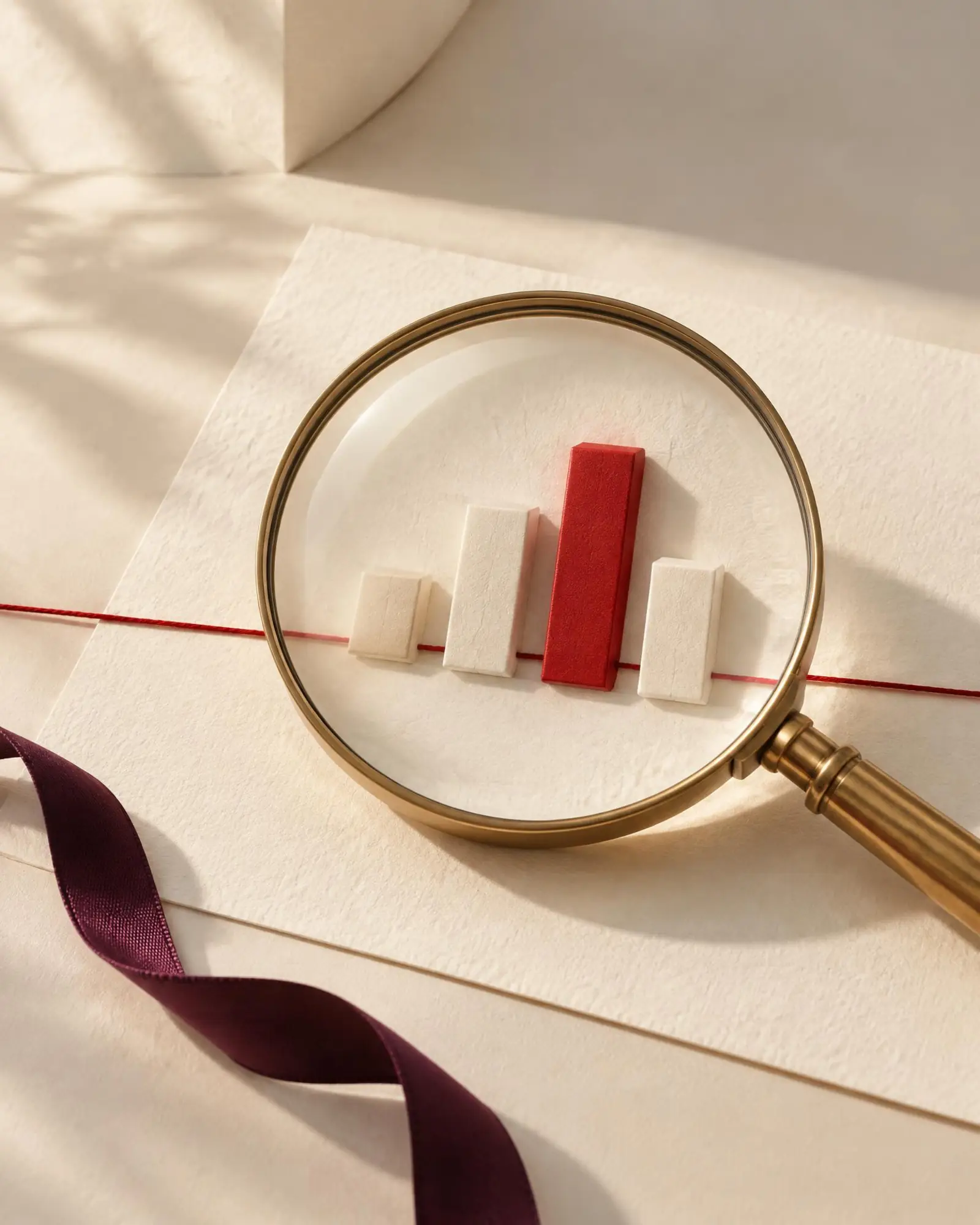 A simple relief bar chart with four bars, one of them red, under a brass magnifying glass