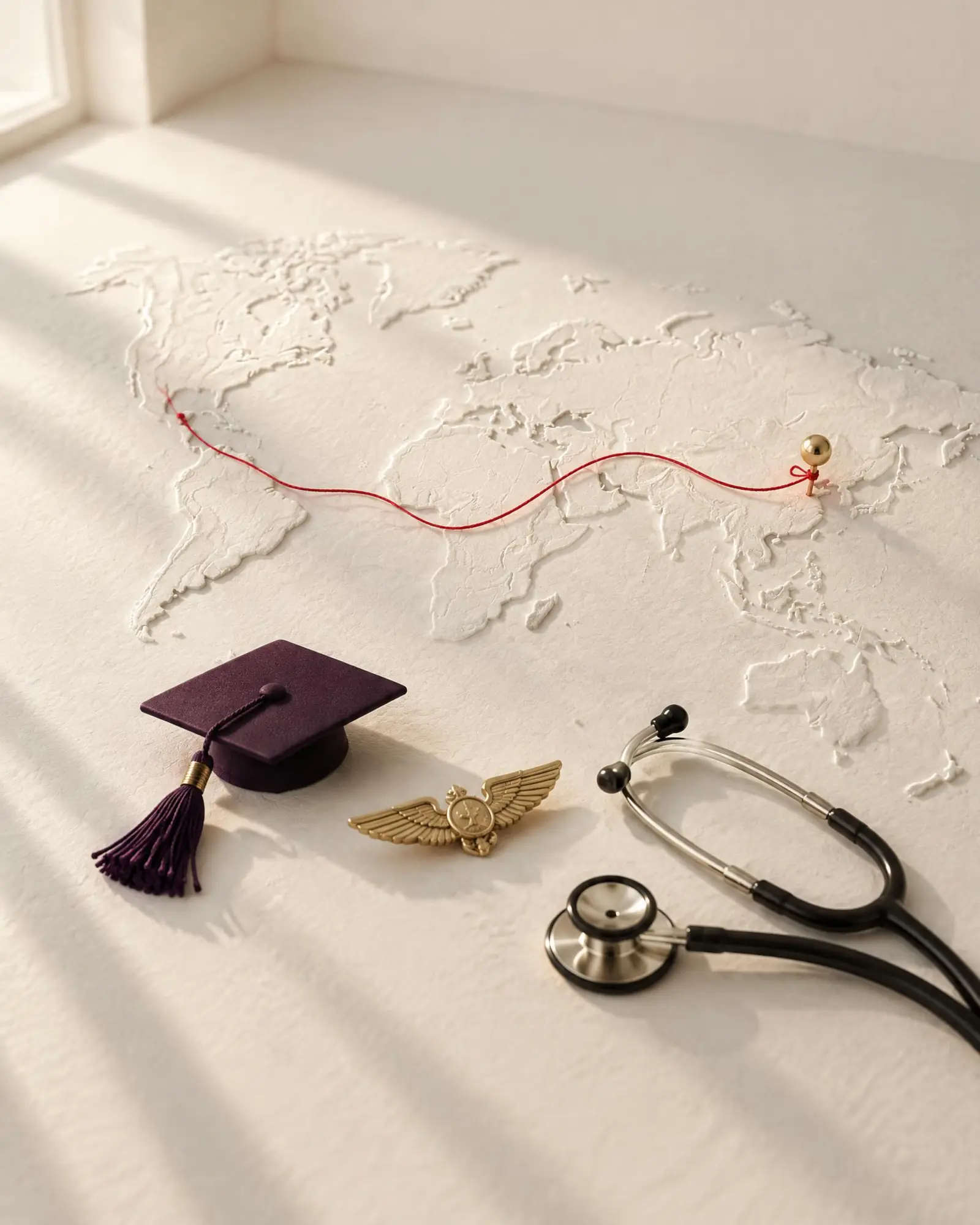 A red thread leading to a gold pin on a relief world map, beside a graduation tassel, a pilot's wings badge and a stethoscope
