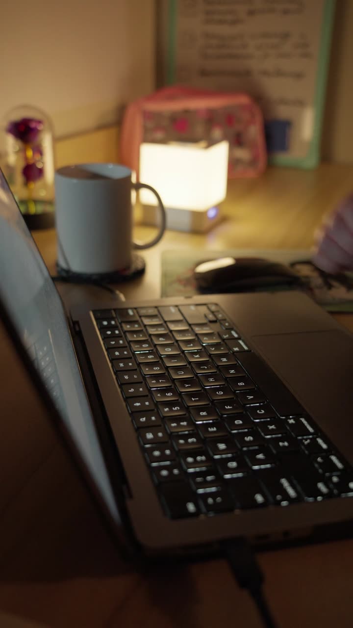 A laptop in a warmly lit study space